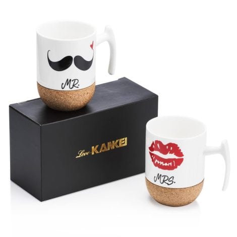 Tasses à Café en Céramique avec Sièges en Bois Love-KANKEI, 300 ml, Idéales pour Noël, Mariage ou Anniversaire.