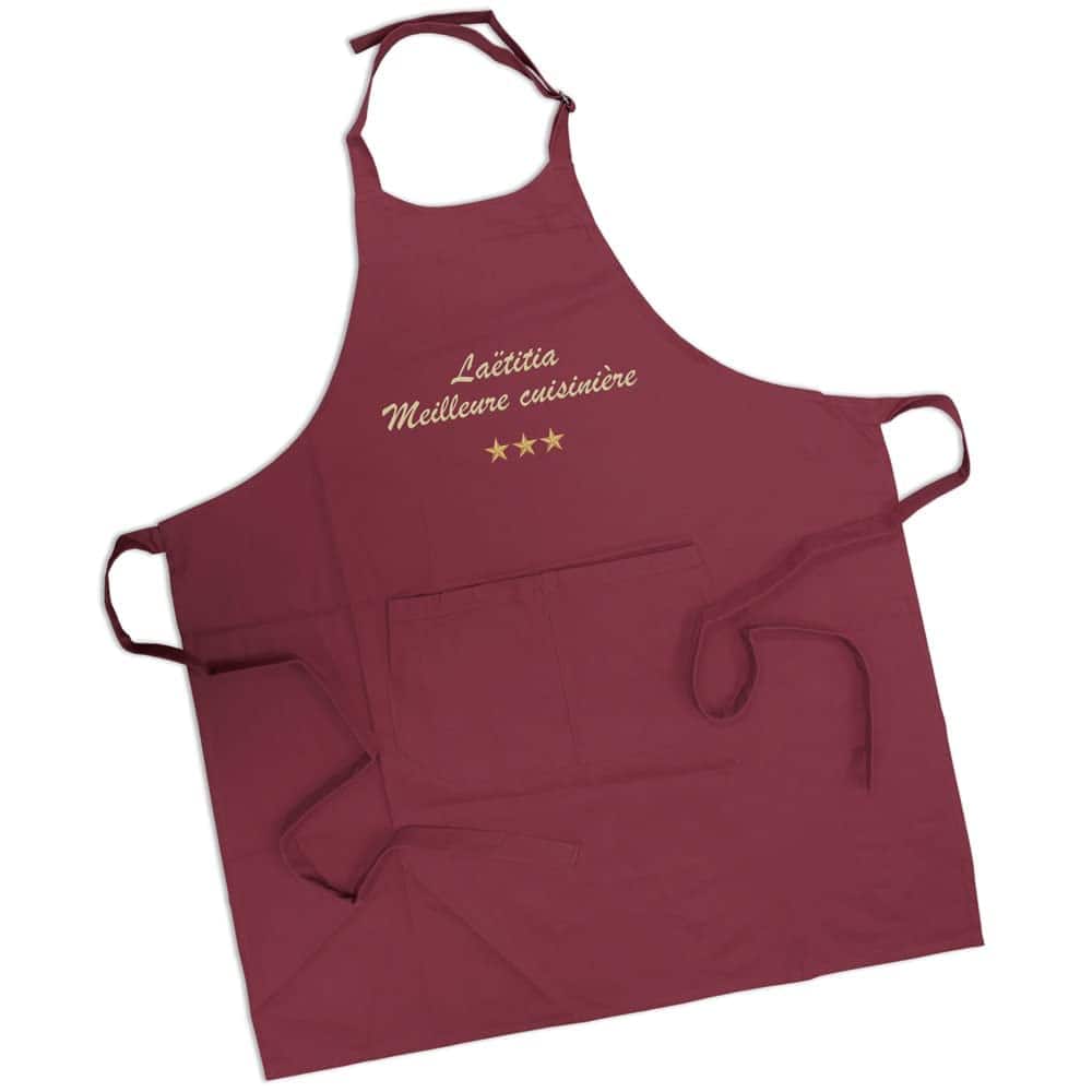 Amikado Tablier de cuisine à personnaliser 100% coton bio - Broderie prénom, motif - Plusieurs couleurs - Idée cadeau personnalisé (Bordeaux)