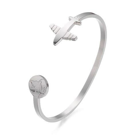 Bracelet Femme Globe Terrestre en Acier Inoxydable – Bracelet Fin, Avion et Terre – Cadeau d’Anniversaire Argenté.