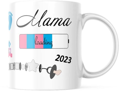 Tasse «Mama loading 2023» et «Baby loading» de Geschenke-fabrik.de, parfaite pour la future maman.