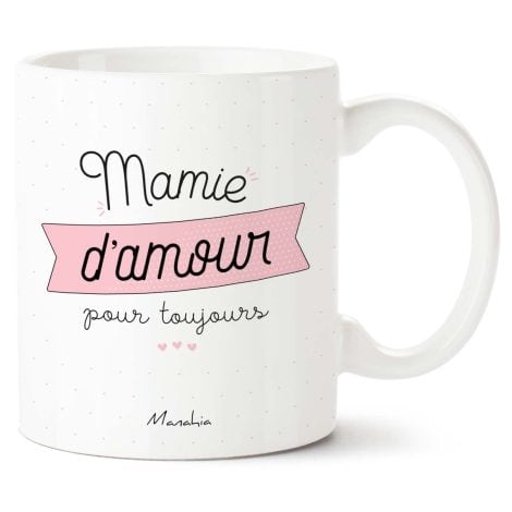 Mug cadeau spécial Mamie : Mamie d’amour éternel – Boite Kraft incluse – 330 mL, céramique – Impression française. Idéal pour annoncer une grossesse à Mamie, Noël, anniversaire ou la Fête des Grands-Mères.