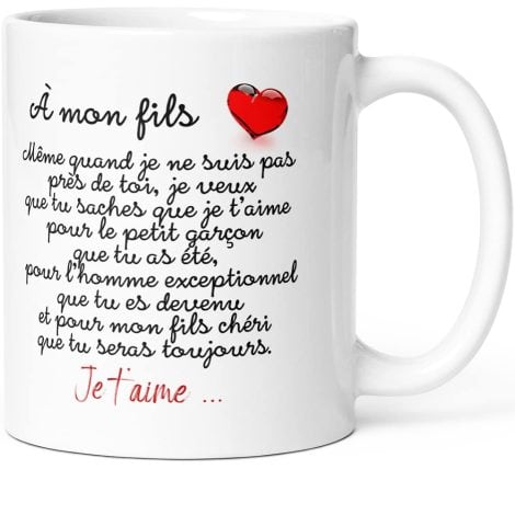 Tasse humoristique “Mon Fils je t’Aime” de la collection Luigi, idéale comme cadeau original pour homme, enfant, famille.