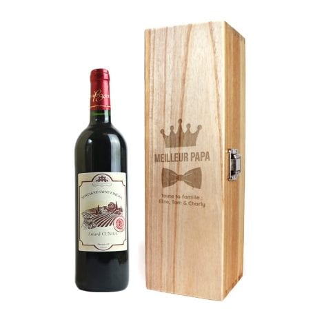 Boîte à vin en bois gravée vintage personnalisée pour papa – idée cadeau originale avec prénom et message.