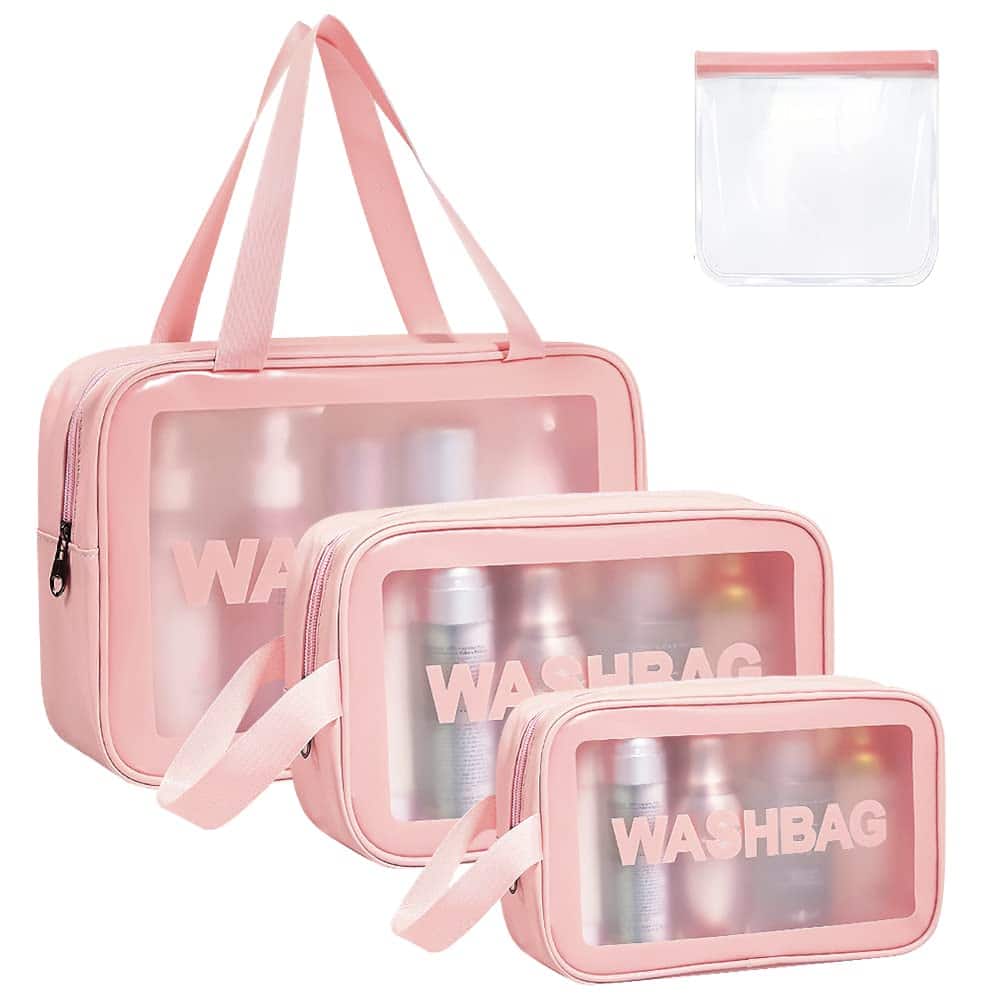 Aucuu Trousse de Toilette Transparente Set, 4PC Trousse de Toilette Étanche en PVC, Impermeable Portable Trousse de Maquillage de Voyage Transparente en PU avec Poignée à Fermeture éclair