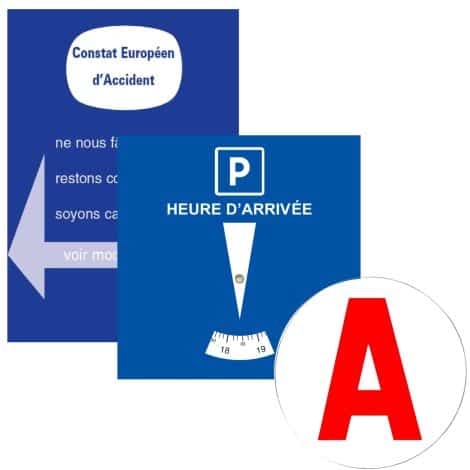 Kit essentiel pour jeunes conducteurs : disque bleu de stationnement (made in France), aimant “jeune conducteur”, constat amiable, accessoires auto. Garanti. Intérieur voiture.