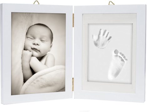 Sourire – Kit pour empreintes de bébé avec cadre en bois (Grande photo 12,7 x 17,8 cm) et rouleau à pâtisserie – Décoration de chambre, cadeau, souvenir de naissance – Simple à utiliser.