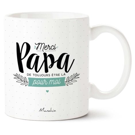 Tasse personnalisée Manahia pour Papa avec message, boite Kraft. Idéale pour Noël, anniversaire et la Fête des Pères. 330 mL, céramique, imprimée en France.