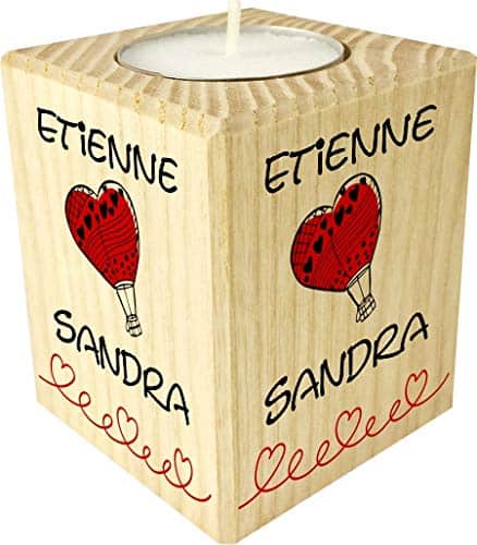 Bougie Montgolfière personnalisée – Porte-bougie en bois avec prénom – Cadeau St-Valentin – Romantique pour couple.