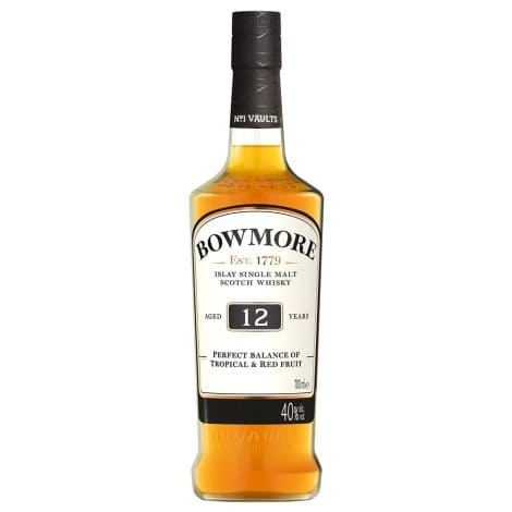 Whisky Écossais Bowmore 12 ans Islay, idéal pour les amateurs français. Livré avec étui. 40% vol. – 70cl.