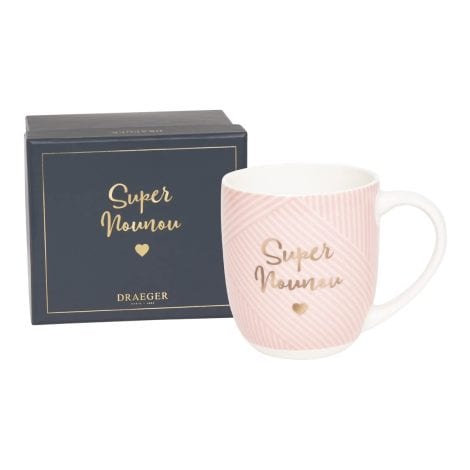 DRAEGER PARIS | Tasse rose en céramique “Super Nounou” | Cadeau original pour femme nourrice | Avec coffret cadeau.