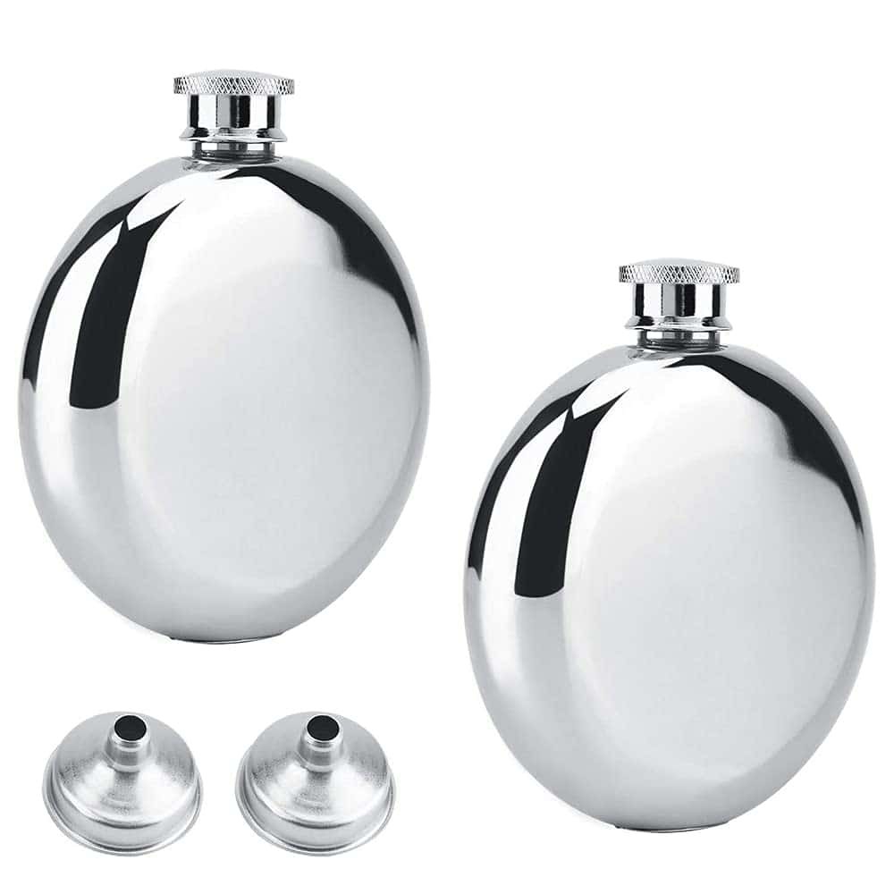 2 Pièces Bouteille d'alcool Ronde, 5 oz/140ml Flasque en Acier Inoxydable, Flasque Alcool Hip Flask, Portable Flacon de Hanche pour Conserver Vin, Whisky, Cadeaux Masculins (Argent)