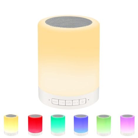 Lampe de chevet tactile avec enceinte Bluetooth, 3 modes d’intensité et veilleuse multicolore. Parfait cadeau d’anniversaire pour tous.