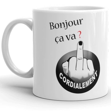 Mug Kalféa avec message humoristique : Bonjour, ça va ? Doigt d’honneur. Idée cadeau originale pour anniversaire, Noël, fête.