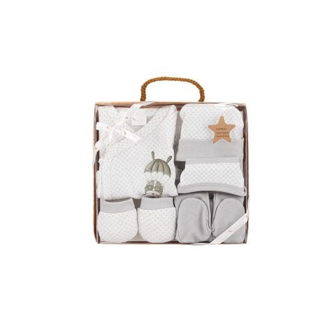 Coffret cadeau pour bébé: ensemble 5 pièces, modèle Paracaidista, couleur grise.