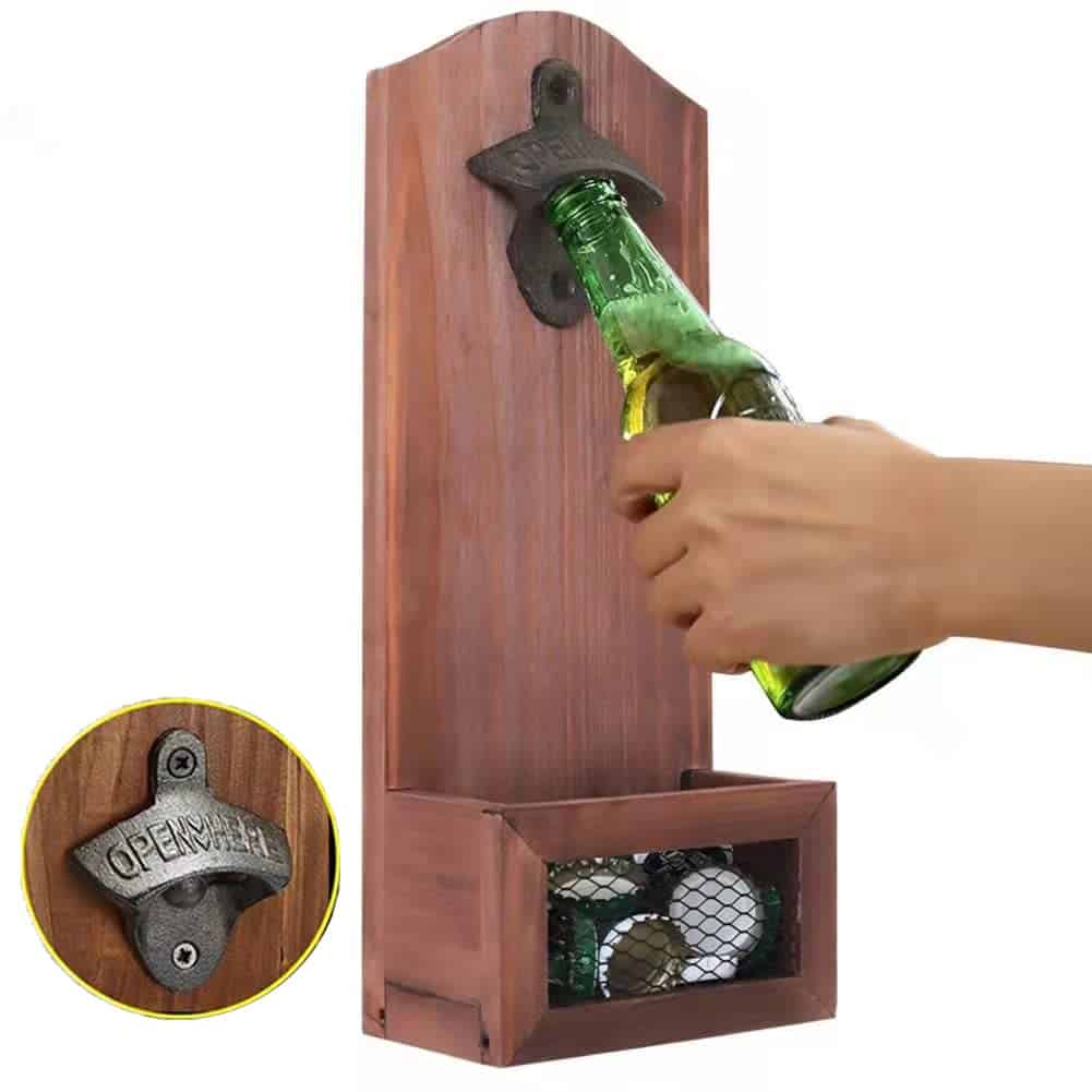 Walbison Ouvre Bouteille de Bière en Bois avec Cap Catcher, Vintage Décapsuleur Biere Mural, Multifonction Bouteille Ouvre pour Bar, Maison, Cuisine, Tire Bouchon, Original Cadeau Drole pour Hommes