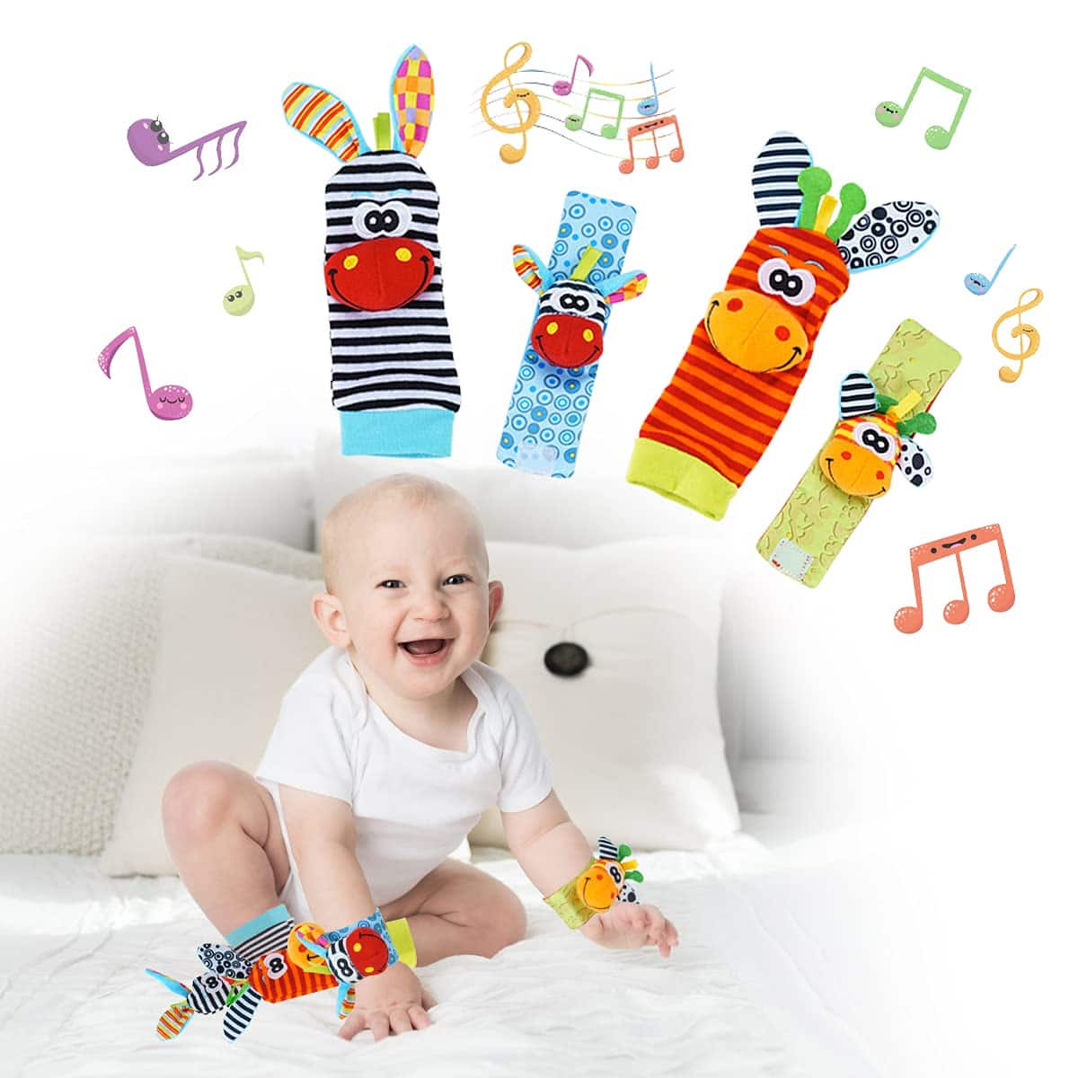 Surplex Bébé Poignet et Chaussettes Hochet Animaux Ensemble Jouets et Cadeau de Développement Sensoriel et Eveil pour Tout-Petits Garçons Filles