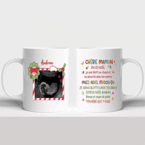 Tasse personnalisée Lalasol avec prénom et photo de bébé – Idée cadeau de Noël pour future maman – Imprimée en France.