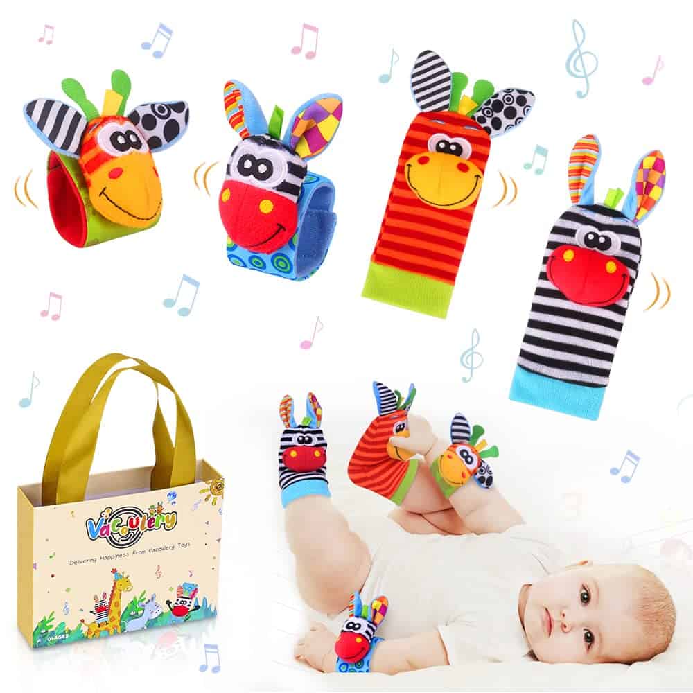 Vacoulery Bébé Poignet et Chaussettes Hochet Animaux Ensemble Jouets et Cadeau de Développement Sensoriel et Eveil pour Infantino Nouveau-Né Tout-Petit 4 Pcs