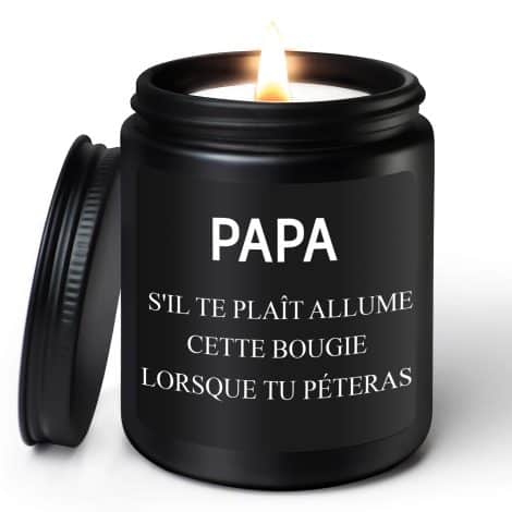 Bougie personnalisée au parfum de bois de santal pour idées cadeau original papa anniversaire homme.