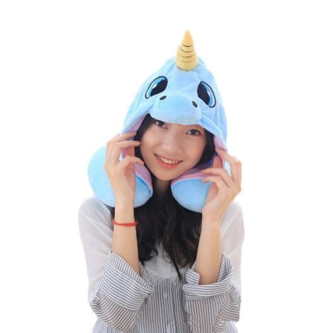 Oreiller Licorne en forme de U, Oreiller de Voyage Flyfish en polyester Coussin soutien cou drôle pour enfants et femmes (Bleu).