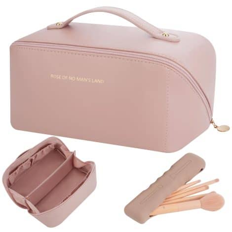 Trousse de Toilette Femme Lannvan, voyage imperméable, grande capacité avec compartiments et porte-pinceau de maquillage en silicone (rose).