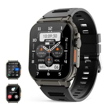 Montre ultra-connectée UHOOFIT pour hommes, avec appels, moniteur de fréquence cardiaque et de sommeil, stockage musical, batterie 600mAh, compatible Android iOS.