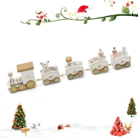 Train de Noël en Bois, Décoration pour Table de Fête, Cadeau Jouet Enfant (Blanc)