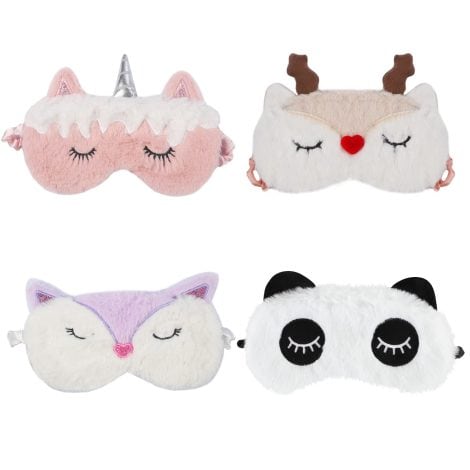 Ensemble de 4 masques de sommeil animaux avec bandeau en peluche, idéal pour les enfants, les hommes et les femmes lors des voyages et des siestes.