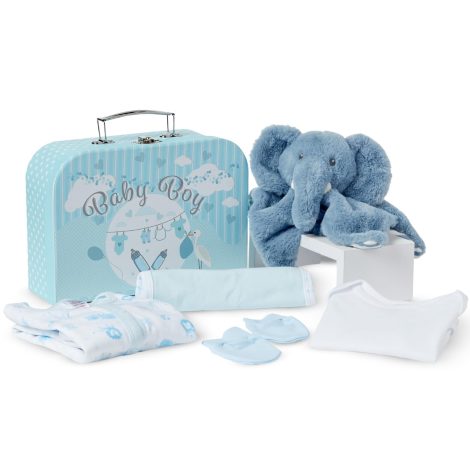 Coffret Essentiel Bébé Garçon pour un nouveau-né : doudou, body, grenouillère, bavoir et moufles en coton.