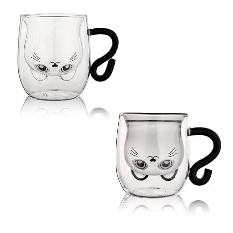 Ensemble de 2 verres à thé anti-chaleur avec motif chat, idéal pour cadeau d’anniversaire unisexe (Noir et blanc).