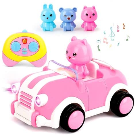 Télécommande Voiture Toy Cartoon Boderam avec Musique, lumières et Cadeaux d’animaux, pour les Tout-Petits (Rose).