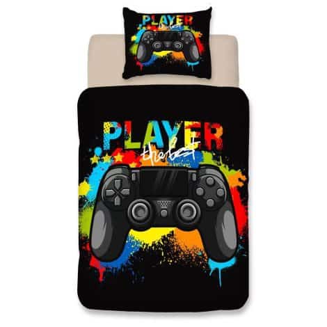 Ensemble de Literie Noir Tie Dye Wajade pour Gamer avec une Housse de Couette 135x200cm et une taie d’oreiller 65x65cm, parfait pour les garçons gamers.