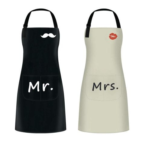 Ensemble de 2 tabliers de cuisine imperméables, avec poches, idéal pour les couples lors d’occasions spéciales. (Noir et beige)