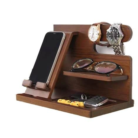 Support en bois multifonction pour téléphone portable, porte-monnaie, montre – cadeau idéal pour toutes occasions.