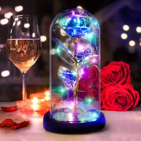 Rose éternelle sous cloche, cadeau féminin, rose enchantée inspirée de La Belle et la Bête, avec lumières LED. Idéal pour maman, femme, petite amie ou anniversaire de jeunes mariés.