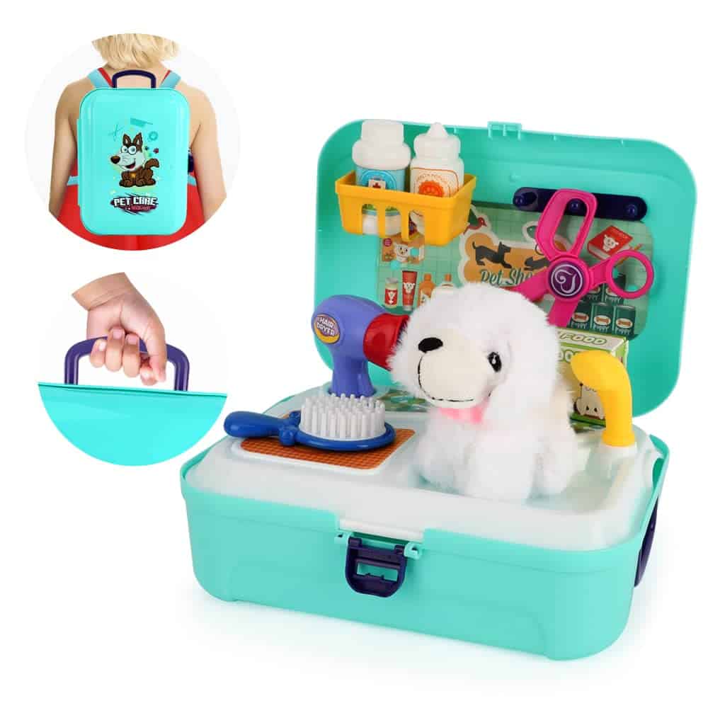 kramow Jouets Vétérinaire pour Enfants, Mallette Docteur Enfant avec Sac à Dos et Chien en Peluche, Jeu de Médecin pour Animaux, Jeu D'imitation, Cadeau pour Garçons et Filles de 3 à 6 Ans