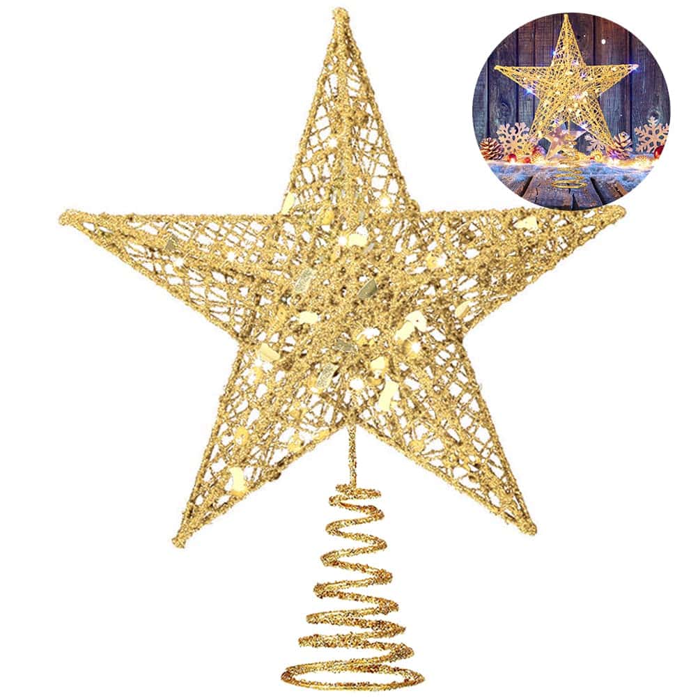 AOBETAK Étoile de sapin de Noël dorée à paillettes pour décoration de sapin de Noël, 20 cm, Doré, 20 x 25 x 5 cm