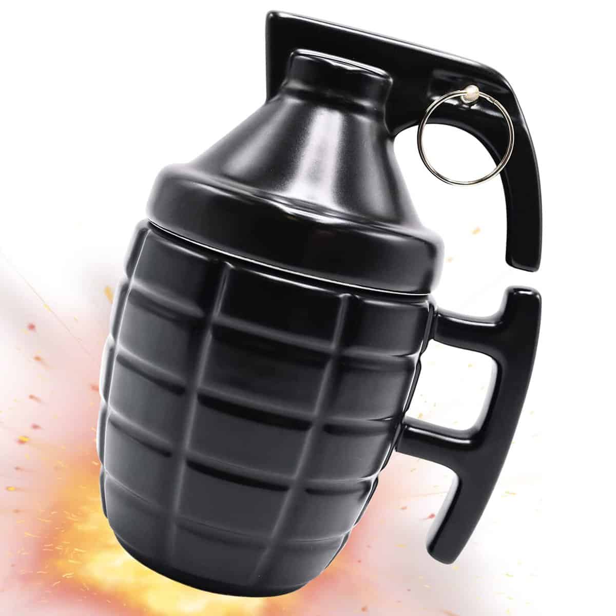 ASEOK Tasse Grenade drôle - Tasse Petit-déjeuner pour Cappuccino, café et thé en céramique - 300 ML - Tasse en Forme de Grenade avec Couvercle - Idée Cadeau Original et Amusant (Noir)