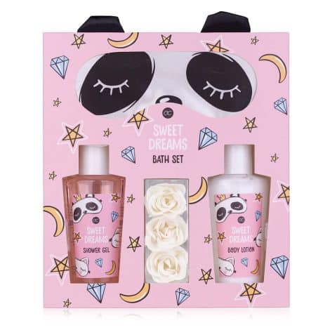 accentra – Coffret de détente pour femmes et filles Sweet Dreams – avec masque panda, gel douche, lotion corps et confetti de bain à la rose.