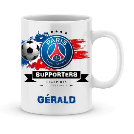 Mug PSG de football personnalisé avec prénom – Cadeau personnalisé pour les fans du Paris Saint Germain – Idéal pour anniversaire, fête des pères ou Noël.