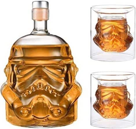 Carafe transparente créative JUSSES pour whisky, vodka et vin avec 1 bouteille de 750 ml et 2 verres (8,5 x 9,5 x 9 cm).