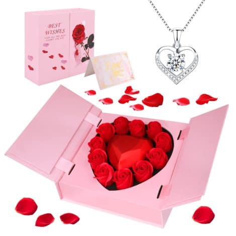 Rose éternelle en boîte avec bijoux, cadeau idéal pour la Saint-Valentin, la Fête des Mères et Noël.