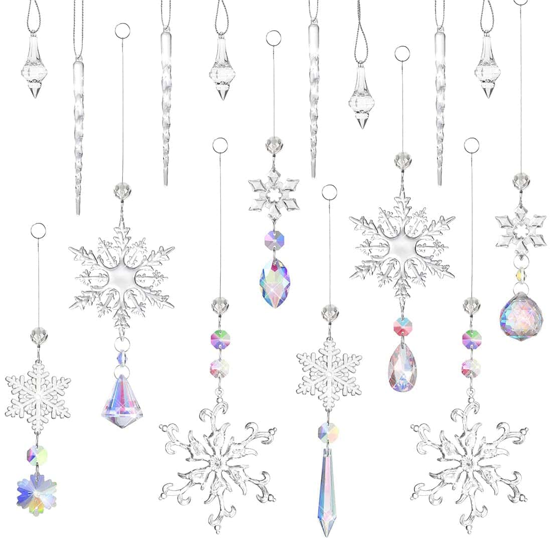 16 Pièces Décorations de Noël Pendentif Stalactites Sapin Noël Glaçon Ornement Suspendu en Acrylique Sapin De Noel Déco Décorations d'arbre de Noël de Glaçon avec Crystal Line pour Décorations De Noel