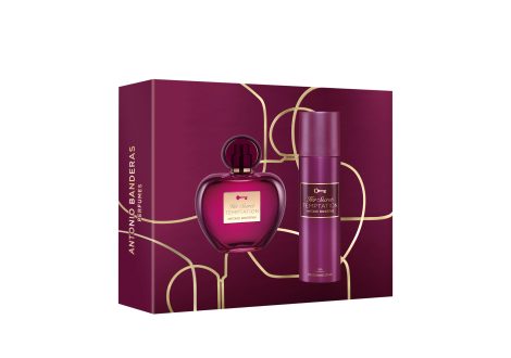 Coffret cadeau parfumé Her Secret Temptation d’Antonio Banderas : romantique, charmant et féminin, parfait pour la journée. Avec notes orientales et sucrées, incluant EDT 80 ml et déodorant 150 ml.