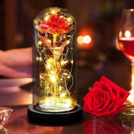 Rose éternelle en cloche, cadeau féminin inspiré de “La Belle et la Bête”, avec dôme en verre et LED. Parfait pour maman, femme, sœur, amie, mariage, anniversaire.