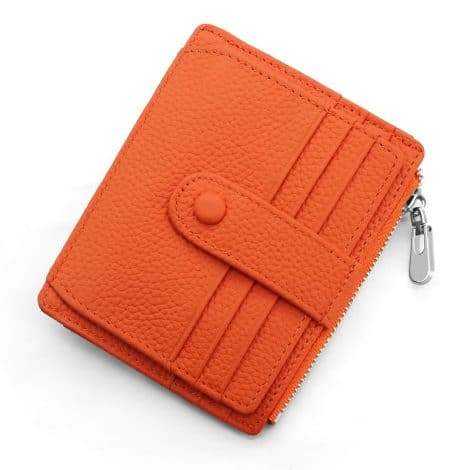 Porte-cartes en cuir véritable REETEE avec blocage RFID, design slim, 14 emplacements et poche à monnaie. (Orange)