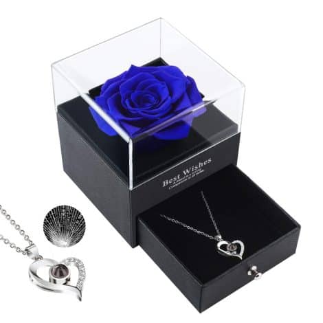 Collier en Rose Eternelle 100 Langues, Cadeau Personnalisé pour Fête des Mères, Anniversaire ou Elle (Bleu).