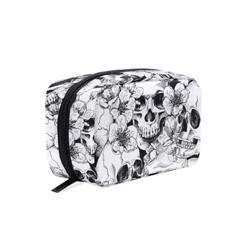 Trousse de voyage personnalisée Sugar Skull avec motifs de fleurs pour femmes et adolescentes. Blanc et noir.