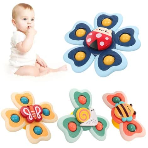 Jouets de Bain StarryTiger à Ventouse, 4 Pièces – Jouets Spinner avec Ventouses Rotatives, pour Bébés, Tout-Petits, Filles et Garçons.