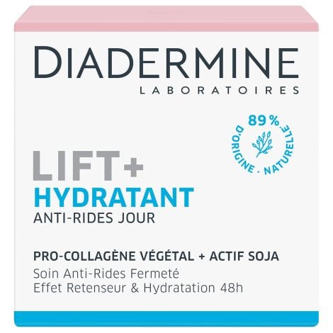 La crème de jour Diadermine Lift+ Hydratant raffermit, lutte contre les rides avec des ingrédients naturels. Pot de 50 ml.